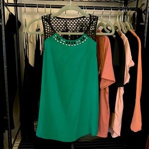 EXPRESS TANK TOP | Size S | Emerald Green w/ Black Mesh & Clear & Black Gems NWT